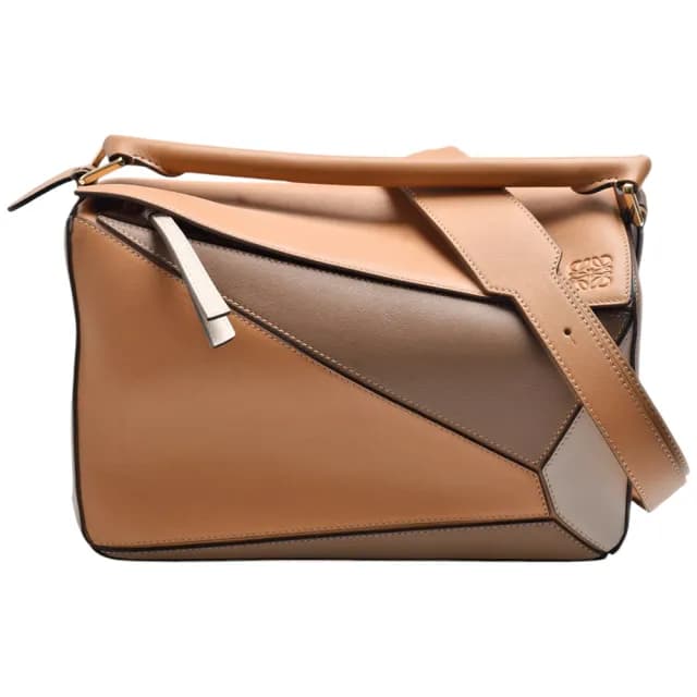 【LOEWE 羅威】經典PUZZLE BAG系列幾何拼接撞色設計小牛皮手提/肩背包(棕色A510S20X08-BROWN)