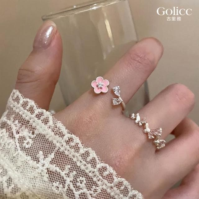 【Golicc】法式 粉色花朵輕奢戒指(母親節 生日 情人節 造型戒 食指戒 尾戒 禮物)