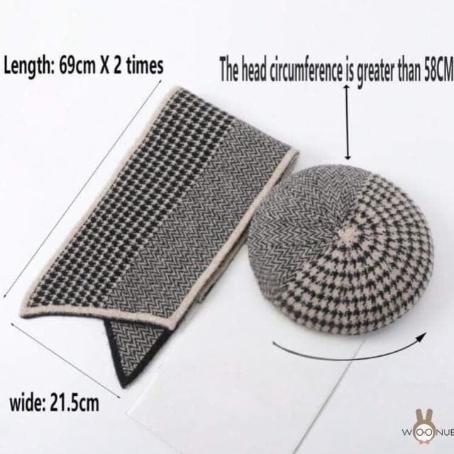 【WOONUE】秋冬英倫純100%羊毛格紋親膚保暖時尚貝雷帽圍巾套組(情人聖誕畫家女兒老婆父親母親生日節禮物)