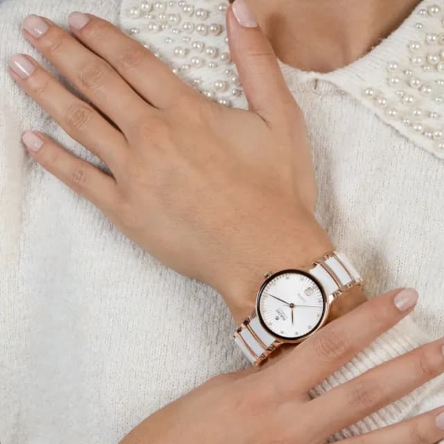 【Rado 雷達表】預 廣告35㎜款 Centrix晶萃真鑽機械錶 白陶瓷玫瑰金-加8重豪禮 R01(R30037744)