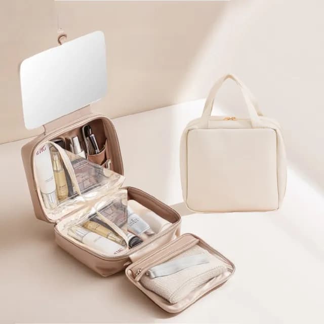 【輕奢美妝】情人節禮物 奶白多功能四連手提LED燈鏡化妝包(補光燈鏡子 小型化妝箱 可吊掛 美妝鏡 26*29*8cm