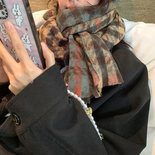 【橘魔法】混色千鳥紋仿羊絨圍巾(披肩 披巾 毯子 大人 配件 寒流 滑雪 保暖 交換禮物)