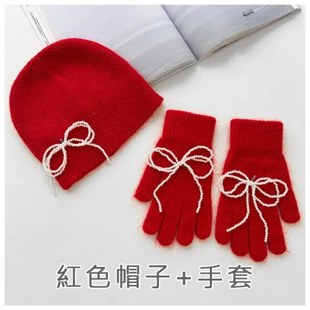 【HaNA 梨花】韓國東大門現貨採購可可愛愛．珍珠蝴蝶結搭配一組唷針織羊毛手套圍巾組合(現+預)