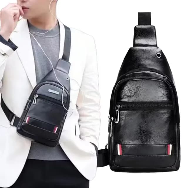 【男士帥氣】父親節禮物 歐式商務通勤皮面機能胸包(防水包 平板可 防潑水 大容量 斜跨包 側肩包 側背包 腰 
