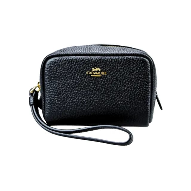 【COACH】黑色荔枝紋金屬馬車LOGO手掛零錢包