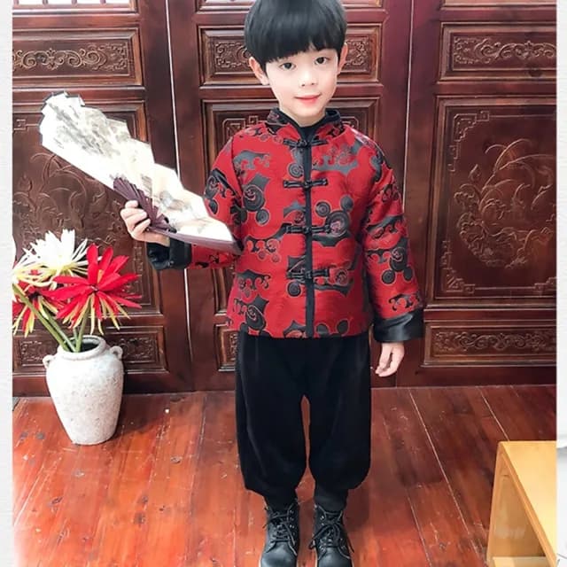 【橘魔法】古風圖騰上衣棉襖+縮口褲(套裝 褲子 拜年服 大紅 過年 新年 唐裝 漢服 中國風 男童 兒童 童裝)