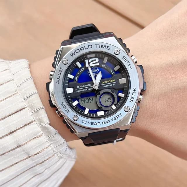 【CASIO 卡西歐】MWQ-100 世界時間 碼錶 金屬感 陽光芒圈 運動旅遊 高雅氣質大膽中性 指針錶 電子錶 手錶
