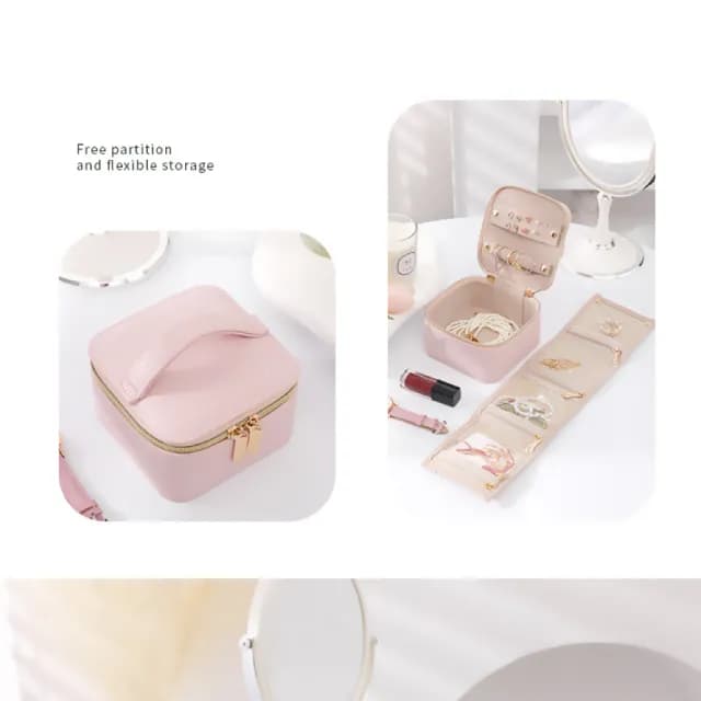 【行動收納】粉色皮革手提飾品盒(防塵防潮 新秘 旅行 首飾盒 珠寶 項鏈 戒指 耳飾品 展示盒 手鐲盒)