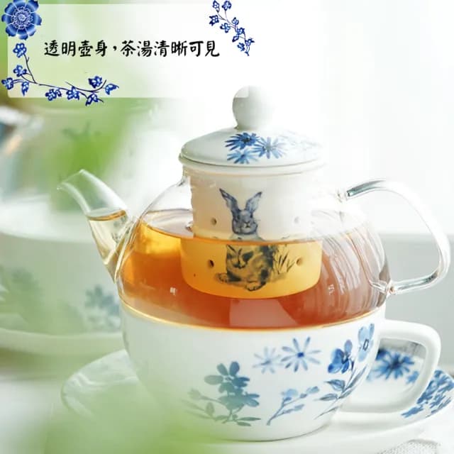 【沐森活】青花瓷兔子造型子母壺禮盒(一杯一壺一盤/泡茶器/下午茶具/茶壺)