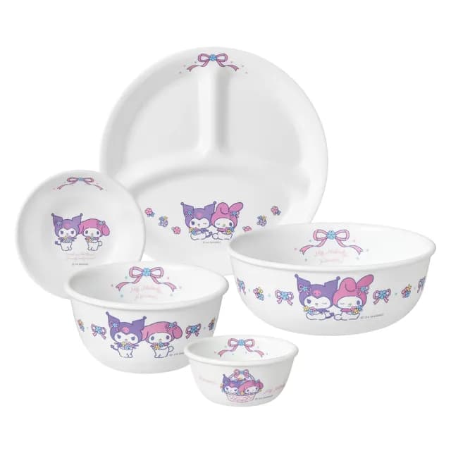 【CorelleBrands 康寧餐具】酷洛米與美樂蒂全套餐具五件收藏組(8吋分隔盤+177ml/300ml/325ml/473ml碗)