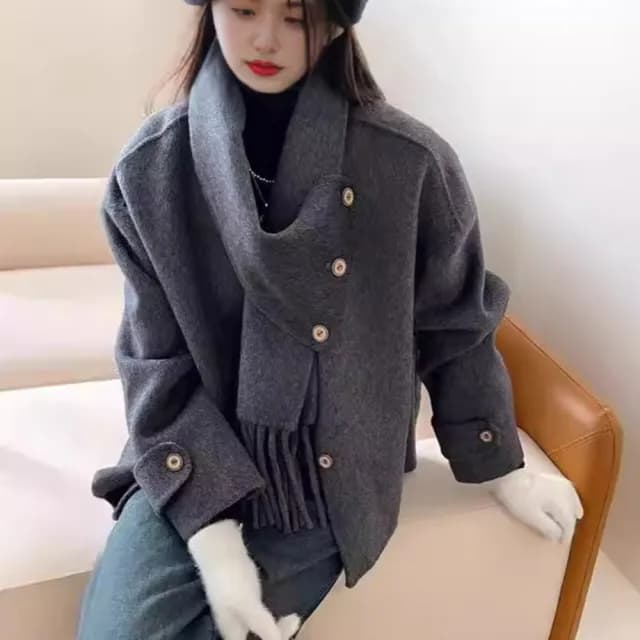 【巴黎精品】現貨+預購 羊毛大衣毛呢外套(保暖可拆卸流蘇圍巾小個子可愛女外套4色a1ik8)