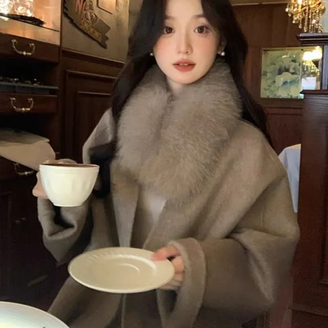 【巴黎精品】現貨+預購 羊毛大衣毛呢外套(保暖狐狸毛圍巾雙面絨寬鬆氣質名流女外套灰色a1ik48)