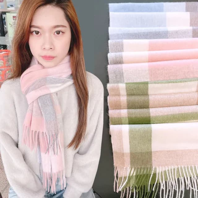 【Seraphic Silk】時尚輕盈100%羊毛格子圍巾(保暖圍巾 流蘇圍巾 保暖圍脖)