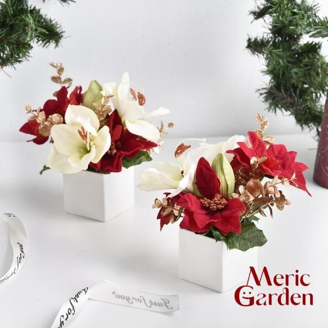 【Meric Garden】高仿真台灣手工限定白雪聖誕紅小盆栽1入組(人造聖誕 聖誕裝飾 聖誕禮盒 交換禮物)