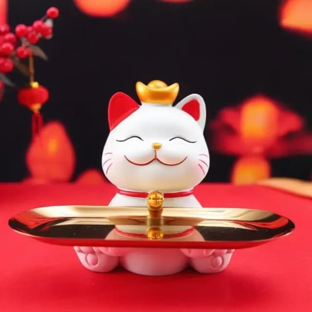 【財入手】招財貓橢圓收納架(擺飾 桌面 玄關 鑰匙 托盤 置物架 禮物 喬遷 布置 飾品架 糖果盤 節日)