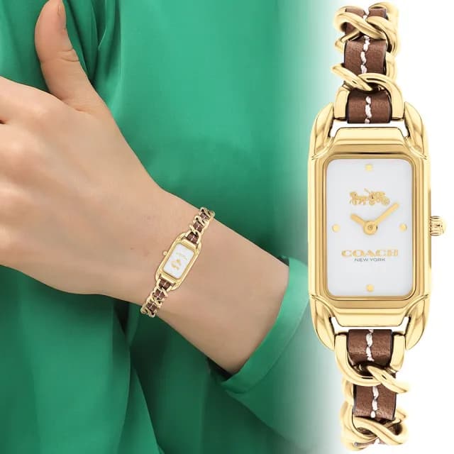 【COACH】官方授權 Cadie馬車長方皮革鍊帶 小香 女錶-17.5/4色可選(14504281/14504283/14504282/14504280)