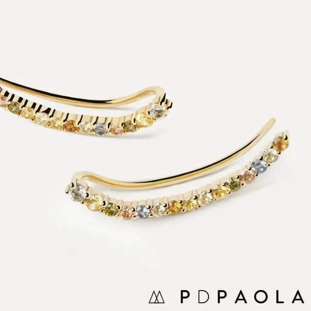 【PD PAOLA】西班牙時尚潮牌 幸運彩虹鑽耳環 貼合耳廓金色耳環 RAINBOW(925純銀鑲18K金)