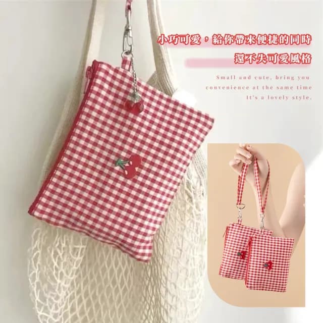 【櫻桃爆擊】櫻桃刺繡手提袋(收納包 手提包 洗漱包 隨身包 保養品 化妝品 出遊 便攜)