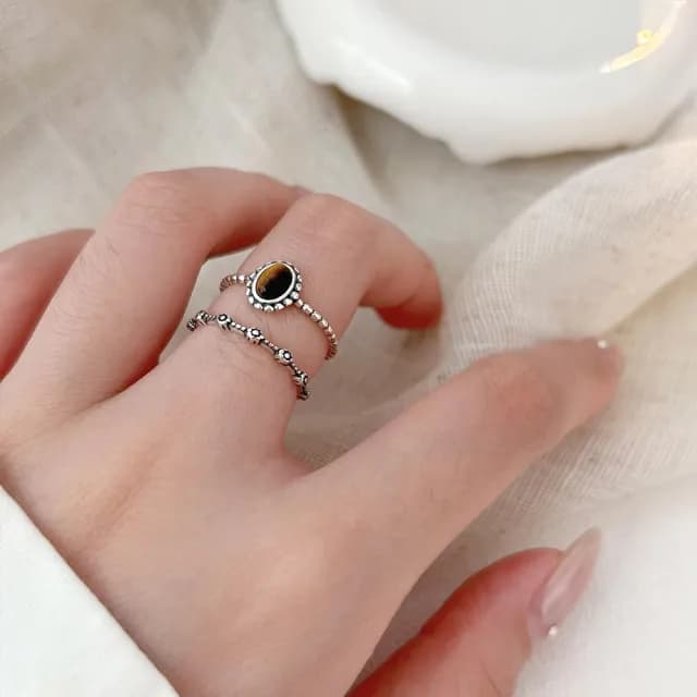 【MoonDy】情人節禮物 925純銀 戒指女 虎眼石 復古戒指 高級感 個性戒指 ins戒指 開口戒指 情人節禮物 送閨