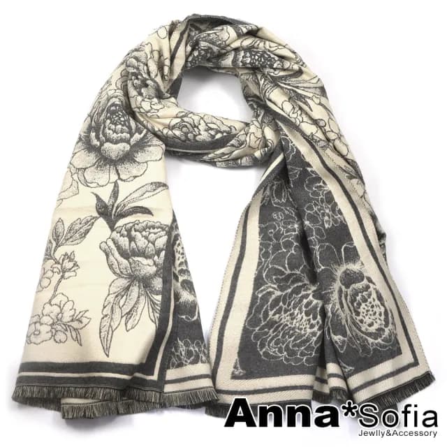 【AnnaSofia】仿羊絨大披肩圍巾-線繪牡丹雙面色 現貨(灰米系)