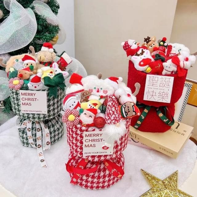 【天使愛美麗】聖誕小香風花束 小熊花束 玩偶花束 成品(聖誕禮物 發光禮物 交換禮物 畢業禮物)