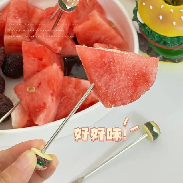 【可愛餐廚】漢堡造型不鏽鋼水果叉組-5入(點心叉 小叉子 蛋糕叉 甜點叉 擺飾 拍攝道具 禮物)