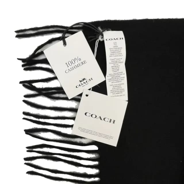 【COACH】新款素面字母LOGO雙面100%喀什米爾羊毛流蘇圍巾(黑)