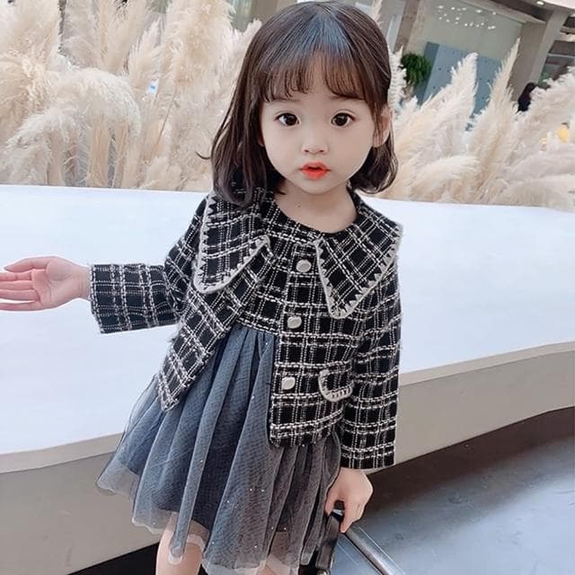 【橘魔法】翻領小香風交錯編織毛呢洋裝(長袖外套+無袖紗裙洋裝 套裝 外套 女童 洋裝 童裝 兒童)