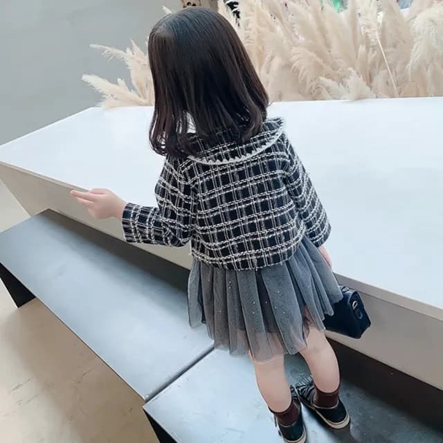 【橘魔法】翻領小香風交錯編織毛呢洋裝(長袖外套+無袖紗裙洋裝 套裝 外套 女童 洋裝 童裝 兒童)