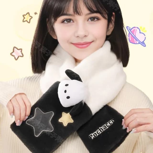 【SANRIO 三麗鷗】帕恰狗圍巾大耳狗酷洛米圍巾兒童成人保暖圍巾刺繡玩偶(新年送禮 生日禮物女兒 禮物)