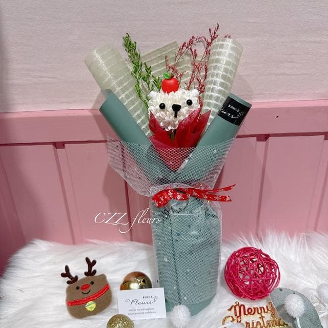 【喜滋滋花藝】可愛QQ球動物聖誕花束(交換禮物/聖誕禮物/生日禮物/耶誕節/聖誕卡片)