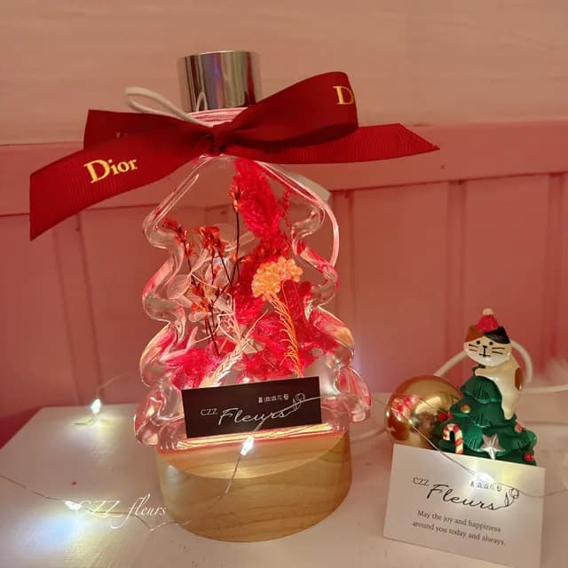 【喜滋滋花藝】許願聖誕樹浮游花永生花夜燈禮盒-經典聖誕紅(交換禮物/聖誕禮物/生日禮物/耶誕節/聖誕卡片)