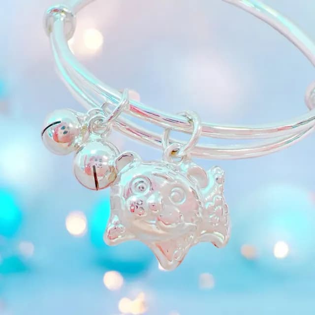 【珠兒綠】999純銀 生肖虎撒嬌虎兒童搖鈴手鐲 開 純銀手鐲 純銀手鍊 彌月禮物 兒童禮物(附高級禮盒禮袋)