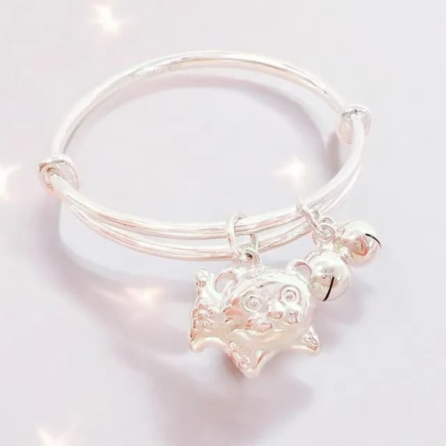 【珠兒綠】999純銀 生肖虎撒嬌虎兒童搖鈴手鐲 開 純銀手鐲 純銀手鍊 彌月禮物 兒童禮物(附高級禮盒禮袋)