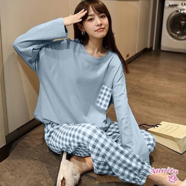【Annita】交換禮物日系居家 棉質寬鬆居家休閒服睡裙女睡衣(兩件式套裝/女睡衣/居家服/長袖/中大尺碼)
