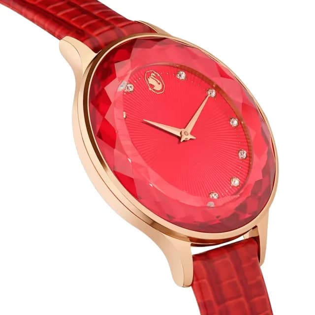 【SWAROVSKI 施華洛世奇】Octea Nova 簡約優雅 女生禮物推薦 玫瑰金x紅色 皮革女錶 母親節優惠(5650002)