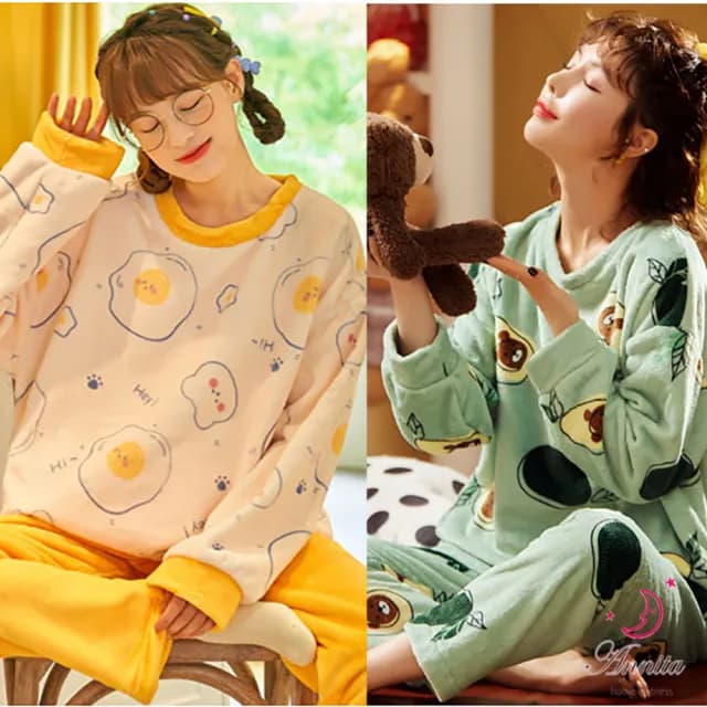 【Annita】交換禮物秋冬可愛保暖 珊瑚絨居家服睡衣(長袖睡衣/女睡衣居家服/兩件式睡衣/法蘭絨珊瑚絨睡衣)