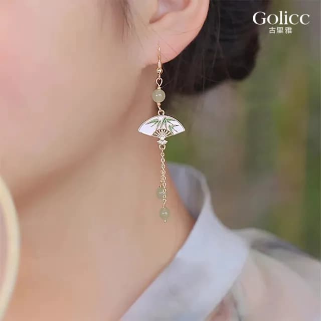 【Golicc】耳環 玉石流蘇扇 中式墜式(99購物限定 生日 飾品 耳釘 耳飾 耳墜 禮物)