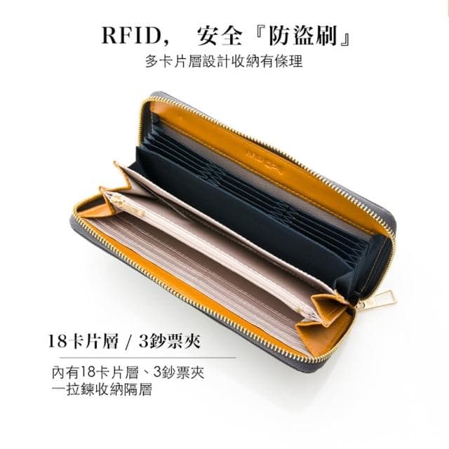 【BESIDE-U】輕量防割 18卡片 RFID防盜刷 拉鍊長夾 黑色(招財／禮物／皮夾)