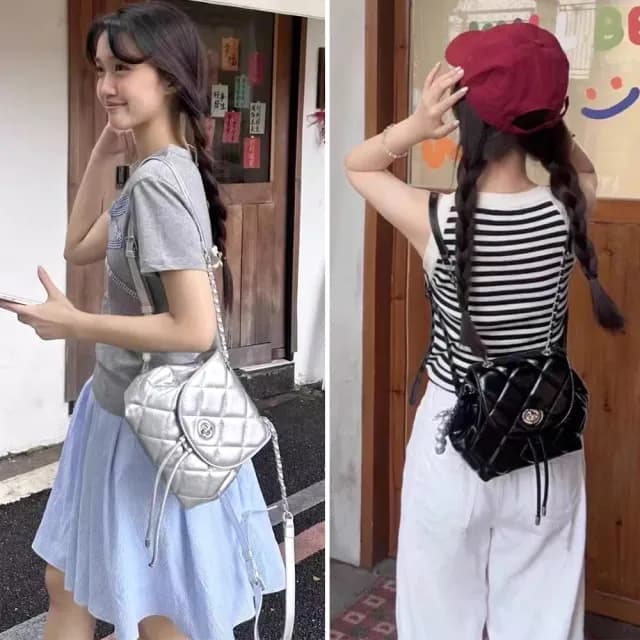 【LEESA】情人節禮物 韓國包包\小背包\鍊條包\後背包\小香風\氣質包包\隨身小包\銀色包包\生日禮物\菱格紋 