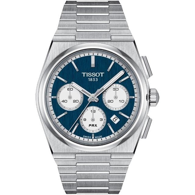 【TISSOT 天梭 官方授權】PRX系列 復古風酒桶型三眼計時機械錶-42mm/藍 熊貓錶 禮物(T1374271104100)