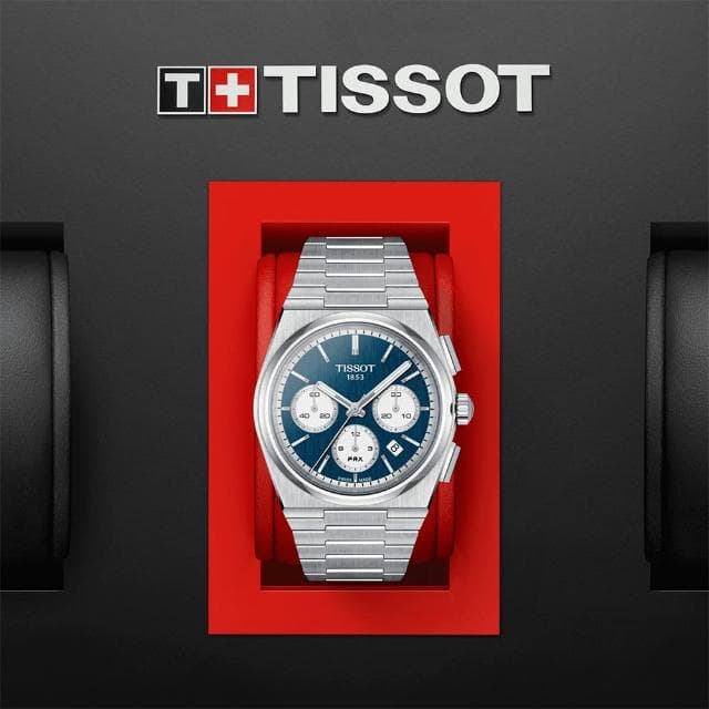 【TISSOT 天梭 官方授權】PRX系列 復古風酒桶型三眼計時機械錶-42mm/藍 熊貓錶 禮物(T1374271104100)