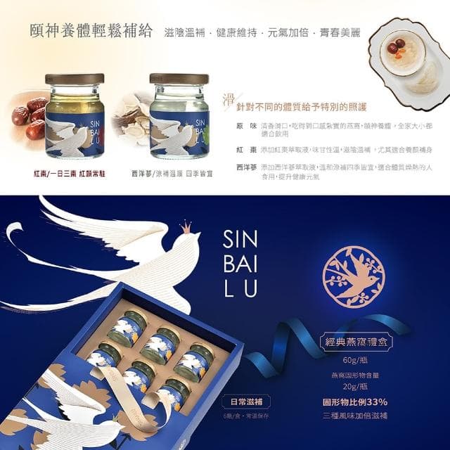【新百祿燕窩】經典西洋蔘燕窩禮盒1盒(60克/瓶x6瓶/盒-固形物20克/瓶  雙重滋補強身好元氣！母親節禮盒)