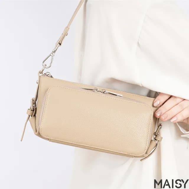 【MAISY】情人節禮物 真皮 高級頭層牛皮簡約肩背包 手提包(真皮包包 卡其色／米色／藍色／黑色／綠色／銀色