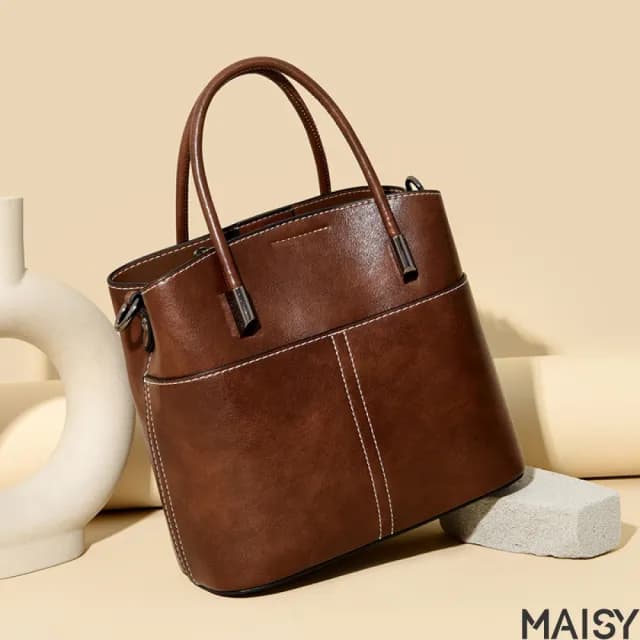 【MAISY】情人節禮物 油蠟皮質實用經典手提包 肩/側背包(棕色／黃色／黑色)