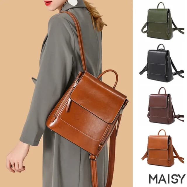 【MAISY】情人節禮物 復古時尚真皮側背包 雙肩包 後背包(真皮包包 綠色 / 棕色 / 咖啡色 / 黑色)
