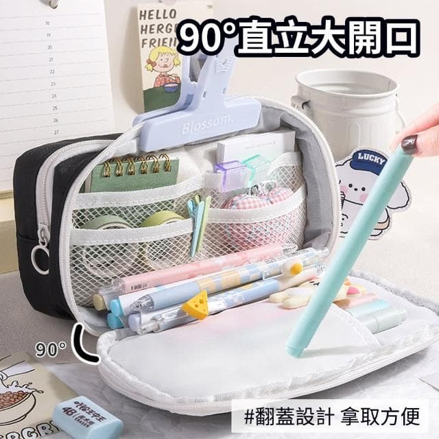 【OECO】可愛學生魔術貼筆盒 帆布多層收納筆袋 學生文具袋 禮物(文具收納袋 鉛筆盒 文具盒 交換禮物)
