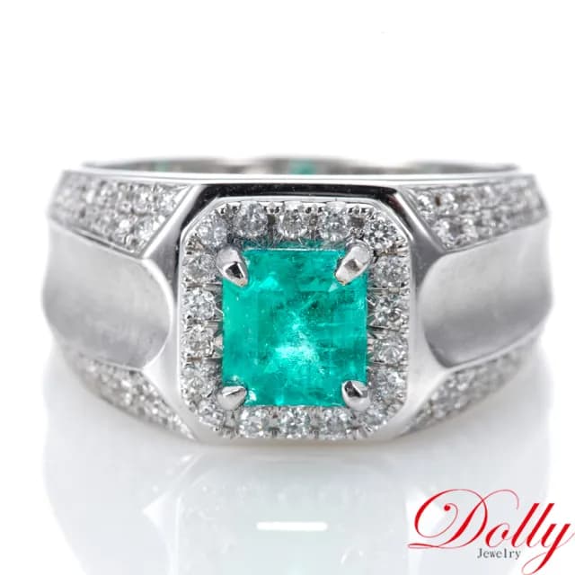 【DOLLY】父親節禮物 1克拉 天然哥倫比亞祖母綠18K金鑽石男戒-002(情人節 交換禮物首選)