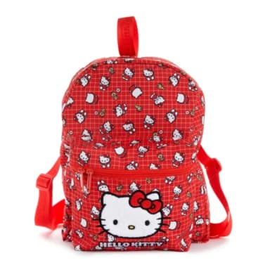 【小禮堂】母親節禮物 Sanrio 三麗鷗 Hello Kitty 尼龍拉鍊後背包 - 50週年 紅格紋滿版款(平輸品)