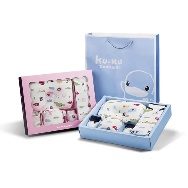【KU.KU. 酷咕鴨】動物派對懶人包巾彌月禮盒10件組(藍/粉)